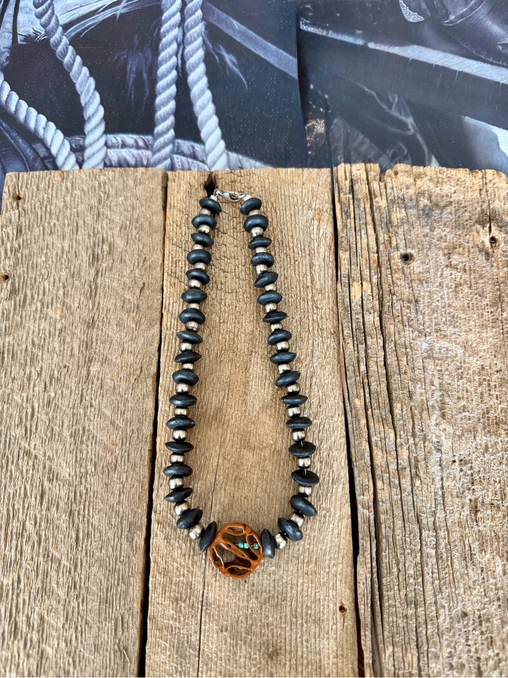 German Pearl & Black Ashanti Glass Necklace w/Turquoise & Wood Pendant